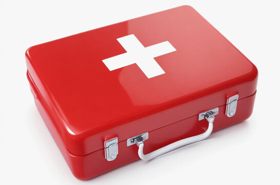 A red metal first aid kit with a handle and a white cross. AI generation.