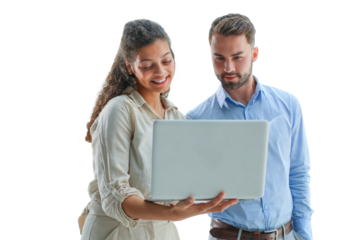 Modern business people are working using laptop and smiling while standing on a transparent background