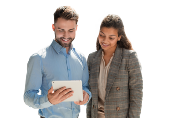 Modern business people are working using digital tablet and smiling while standing on a transparent background