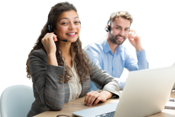 Portrait of call center worker accompanied by his team. Smiling customer support operator at work on a transparent background.