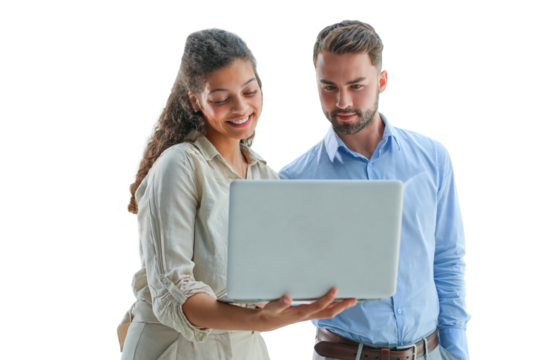 Modern business people are working using laptop and smiling while standing on a transparent background