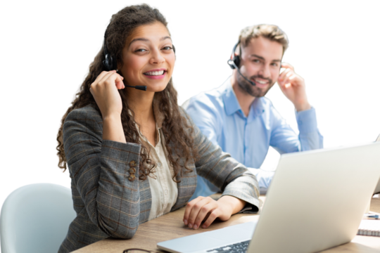 Portrait of call center worker accompanied by his team. Smiling customer support operator at work on a transparent background.
