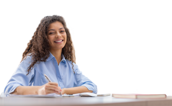 Beautiful business woman is examining documents while sitting on a transparent background