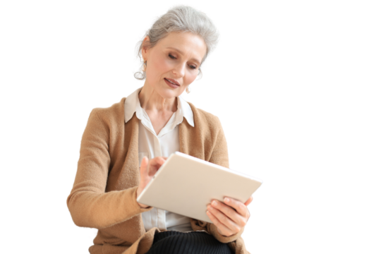 Cheerful middle aged woman sitting on sofa, using computer tablet apps, looking at screen, reading good news in social network, shopping or chatting online on a transparent background.
