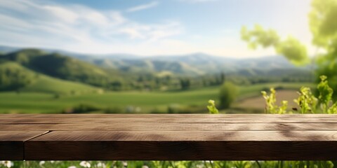 Empty wood table top with on blurred green vineyard landscape background in spring