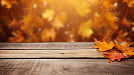 Naklejka na ściany i meble Wooden table with orange leaves autumn background Generative AI