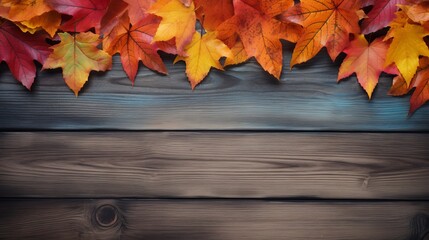 Naklejka na ściany i meble Autumn background with colorful leaves on wooden background Generative AI