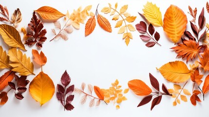 Autumn composition. Frame made of autumn dried leaves on white background. Flat lay, top view, copy space Generative AI
