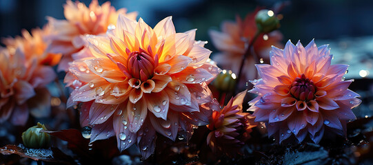 Panoramic rose  Dahlia bloom  with rain drops