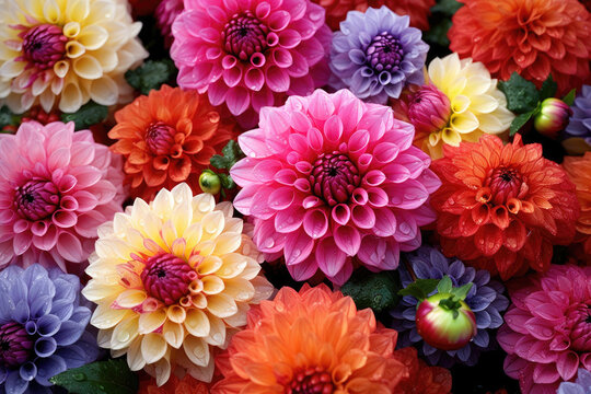 Pink yellow red blue Dahlia Mix flowers