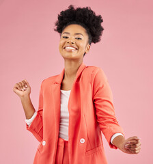Smile, dancing and portrait of a woman in a studio with music, playlist or album for celebration....