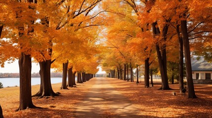 Autumn trees lining driveway Generative AI