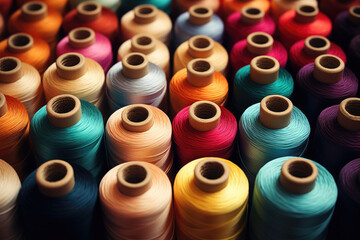 Variety of colorful sewing spools. Textile industry sewing concept. 