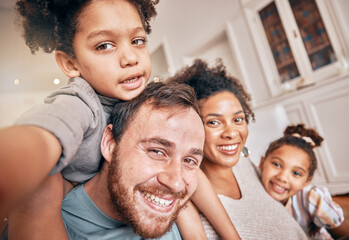 Selfie, smile and piggyback with a blended family in their home together for love, fun or bonding...