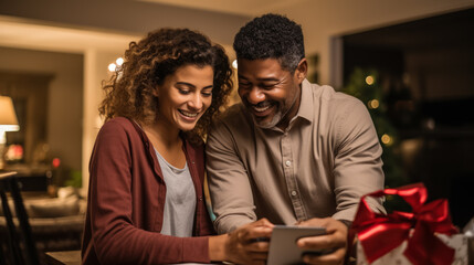 A couple shopping online from their living room during cyber monday