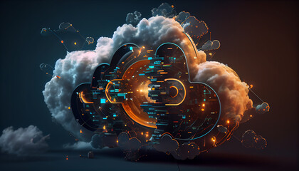 data transfer cloud computing technology concept. There is a large prominent cloud in the center with internal connections, Ai generated image