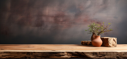 wooden slab on a neutral minimalist background, free space in the middle for product or text photography.