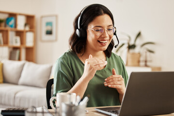 Home customer support, laptop video call and happy woman explain insurance service, telecom or...