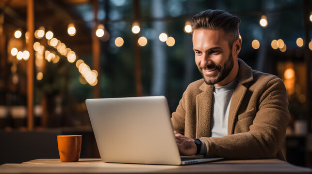 A man sitting in front of a laptop with a credit card; taking advantage of cyber monday deals  - Powered by Adobe