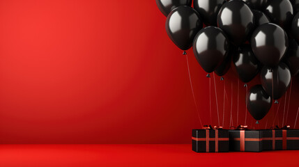 Black friday sale banner with dark shiny balloons on red background with place for text 