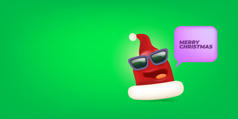 Vector cartoon monster Santa Claus red hat character with sunglasses and speech bubble isolated on green background. Merry Christmas greeting card, poster and banner with funny Santa Claus hat