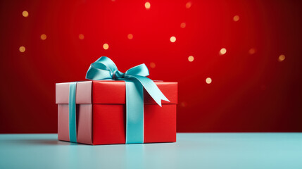 Gift box on a blue table on a vivid red background with empty space for text 