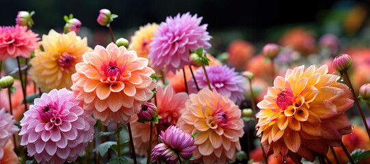 Colorful Dahlia flowers with rain drops, in rustic garden in sunset sunlight background. Banner. Panoramic.