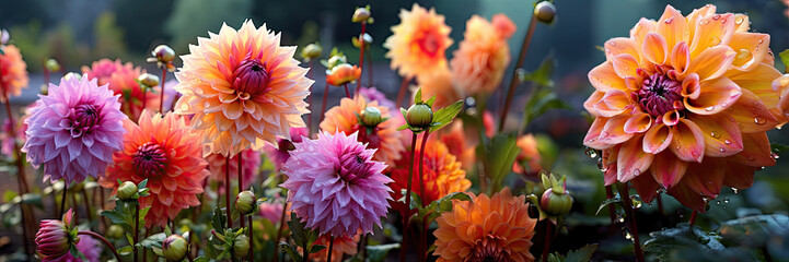 Colorful Dahlia Mix blooms with rain drops, in rustic garden in sunset background. Banner. - Powered by Adobe