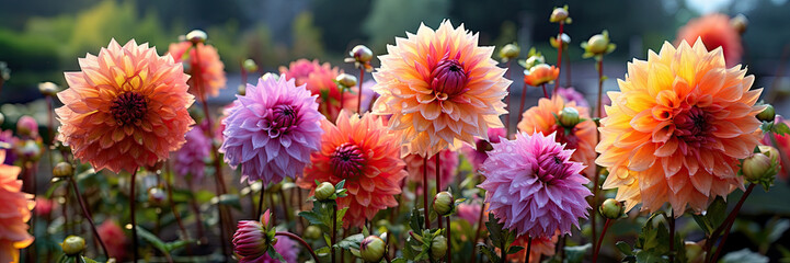 Colorful Dahlia Mix flowers with rain drops, in rustic garden in sunset  background. Banner