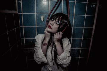 Portrait of asian woman make up ghost,Scary horror scene for background,Halloween festival...