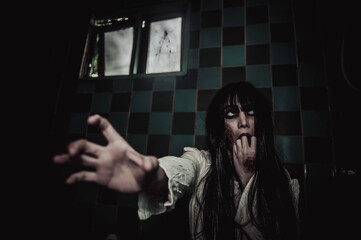 Portrait of asian woman make up ghost,Scary horror scene for background,Halloween festival...