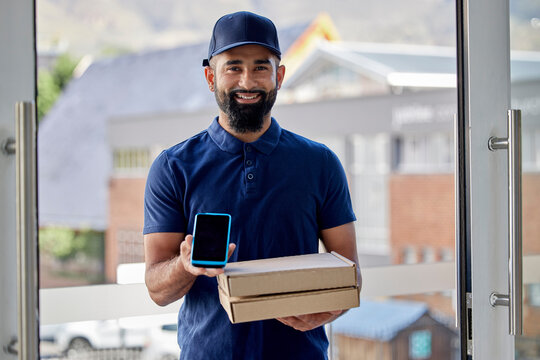 Portrait, courier service and card machine with pizza at door with order for food with ecommerce. Delivery, man and package with worker or technology for payment with logistics or online shopping. - Powered by Adobe