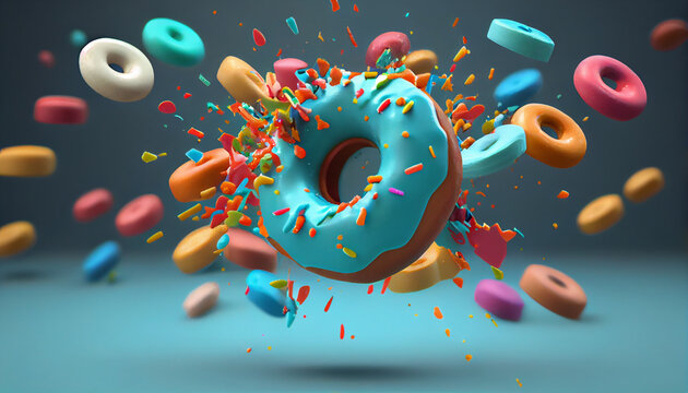 Flying donuts. Mix of multicolored doughnuts, Ai generated image