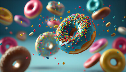 Flying donuts. Mix of multicolored doughnuts, Ai generated image - obrazy, fototapety, plakaty