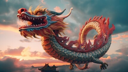 Obraz premium Chinese dragon flying in the sky at dawn. Dragon. Generative Ai
