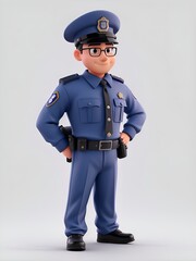 3D cartoon character of a policeman standing straight in police attire