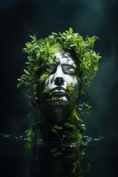 A beautiful male statue covered in lush green foliage emerges from the water. Concept of green ecology and sustainability. Generative AI.