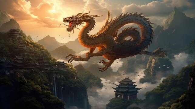 Chinese dragon flying over misty mountains at dawn. Dragon. Generative Ai