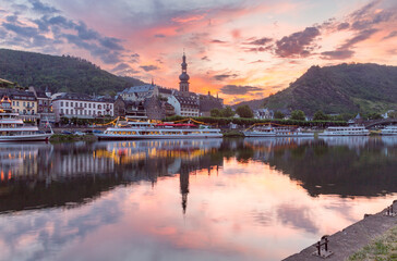 Fototapeta premium City embankment in the old medieval town of Cochem at sunset. Germany.