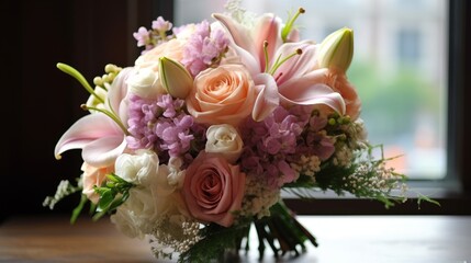 Bridal bouquet with a variety of flowers. AI generated