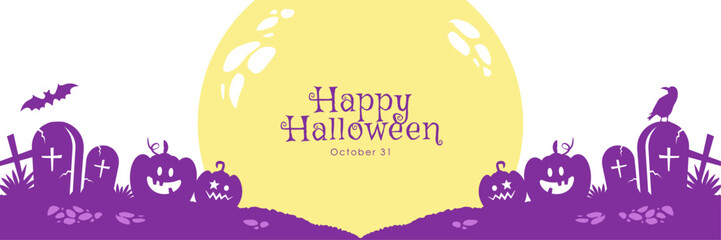 ハロウィンのシンプルなバナー背景 かぼちゃと月のシルエット（白背景）