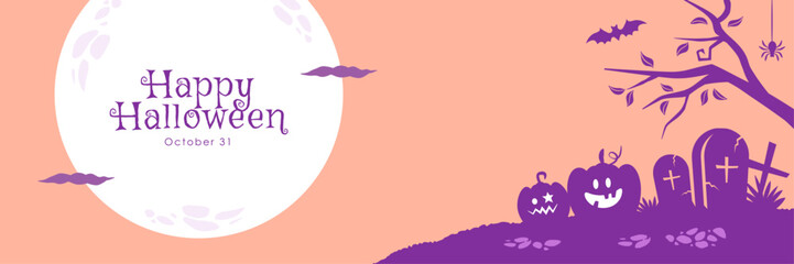 ハロウィンのシンプルなバナー背景 かぼちゃと月のシルエット（ピンク）