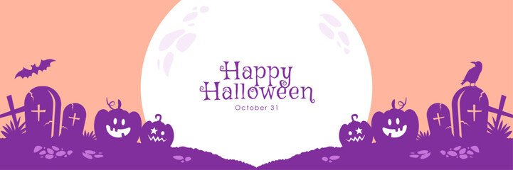 Fototapeta premium ハロウィンのシンプルなバナー背景 かぼちゃと月のシルエット（ピンク）