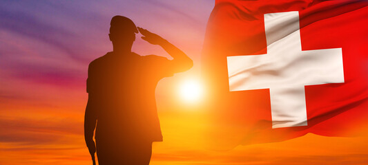 Solider Saluting Against the flag of Switzerland . Swiss National Day. Holiday concept. 3d illustration.