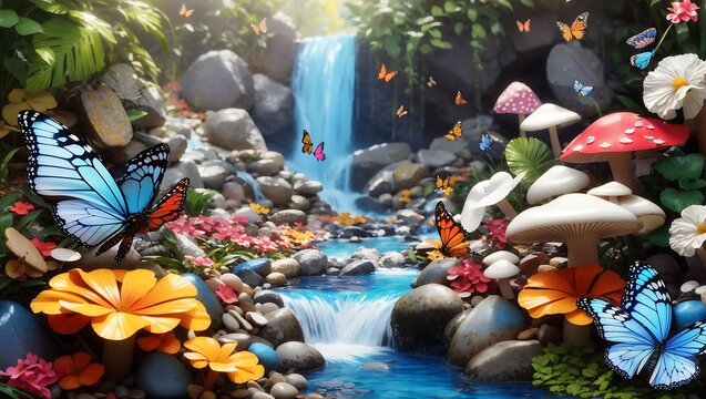 Beautiful butterfly with colorful flowers and waterfall and colorful mushroom in forest design wallpaper generated by AI