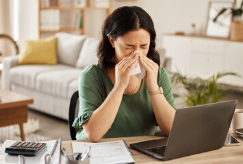 Laptop, remote work and sick woman in home office with flu, cold or viral infection in her house. Freelance, sneeze and lady online with allergy, virus or burnout, sinusitis or hayfever while typing - obrazy, fototapety, plakaty