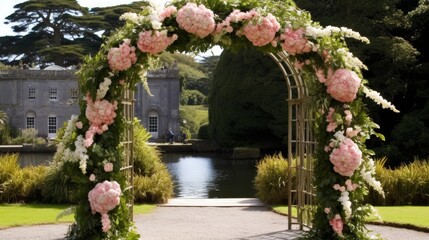 Wedding ceremony arch with flowers. AI generated