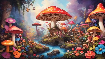 Fototapeta na wymiar A mesmerizing and highly detailed depiction of a majestic colorful mushroom forest with vibrant flowers design wallpaper generated by AI
