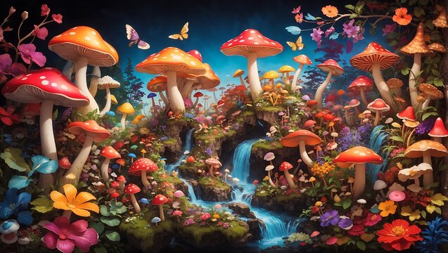 A mesmerizing and highly detailed depiction of a majestic colorful mushroom forest with vibrant flowers design wallpaper generated by AI