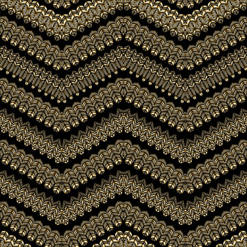 Vector abstract seamless zig zag pattern from decorative golden bird feathers on a black background